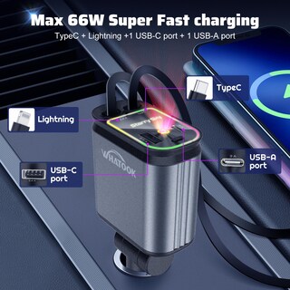 Foto 5 | Foto 5 | Cargador De Coche Whatook Starlight Retráctil Usb-c Y Usb-a - Venta Internacional.