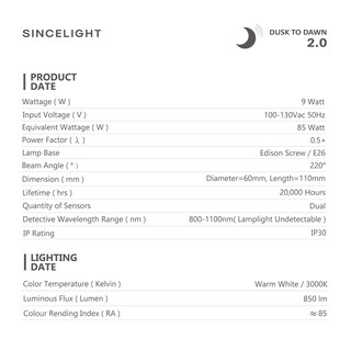 Foto 5 | Foto 5 | Bombilla Led Sincelight Del Anochecer Al Amanecer Con Doble Sensor De Luz Diurna De 9 W - Venta Internacional.