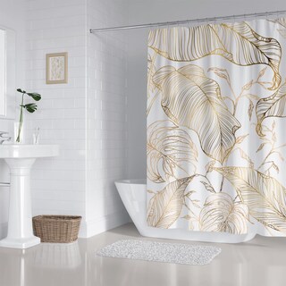 Foto 5 | Foto 5 | Cortina De Ducha Zxmbf En Oro Blanco Con Hojas De Palma Tropicales 180 X 180 Cm - Venta Internacional.