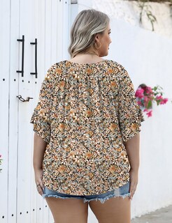 Foto 2 | Foto 2 | Top Micoson De Manga Corta Con Volantes Plisados Florales De Talla Grande - Venta Internacional.