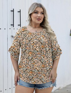 Foto 5 | Foto 5 | Top Micoson De Manga Corta Con Volantes Plisados Florales De Talla Grande - Venta Internacional.