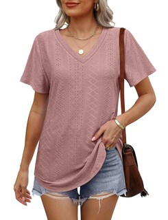 Foto 2 | Foto 2 | Tops Ofeefan De Verano Holgados Cuello En V Dobladillo Curvo Rosa Oscuro Xl - Venta Internacional.