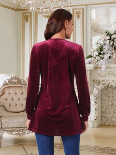 Foto 5 | Foto 5 | Top Seta T De Terciopelo Con Cuello En V Y Mangas Largas Para Mujer Color Rojo Vino - Venta Internacional.