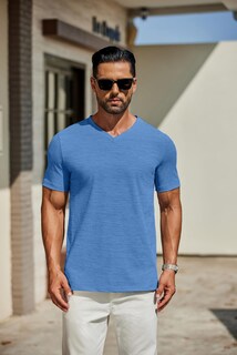 Foto 2 | Foto 2 | Camiseta Coofandy Para Hombre Manga Corta Cuello En V Casual Azul - Venta Internacional.