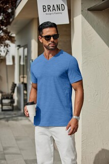 Foto 7 | Foto 7 | Camiseta Coofandy Para Hombre Manga Corta Cuello En V Casual Azul - Venta Internacional.