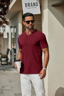 Foto 7 | Foto 7 | Camiseta Coofandy Para Hombre De Manga Corta Con Cuello En V Color Rojo Vino - Venta Internacional.