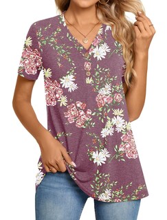 Foto 1 | Foto 1 | Blusa Tipo Túnica Bishuige Para Mujer Con Botones Henley Manga Corta Cuello En V - Venta Internacional.
