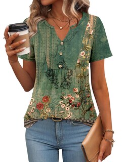 Foto 1 | Foto 1 | Camisa Zeagoo De Manga Corta Henley Con Cuello En V Para Mujer Floral - Venta Internacional.