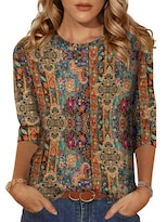 Camiseta Zeagoo Boho Para Mujer Con Estampado De Hojas Y Manga 3/4 - Venta Internacional.