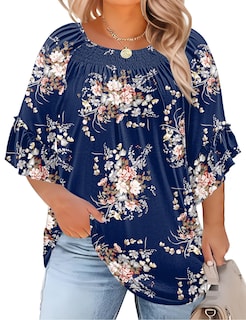 Foto 1 | Foto 1 | Blusa Micoson Talla Grande Manga 3/4 Cuello Redondo Azul Marino Floral - Venta Internacional.