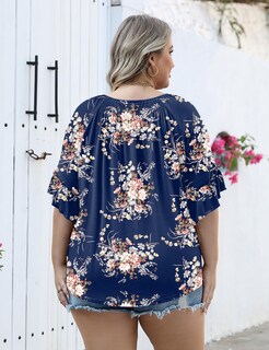 Foto 2 | Foto 2 | Blusa Micoson Talla Grande Manga 3/4 Cuello Redondo Azul Marino Floral - Venta Internacional.