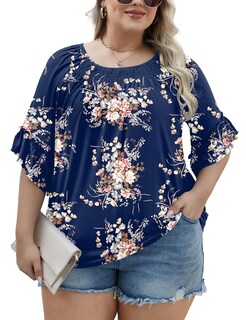Foto 3 | Foto 3 | Blusa Micoson Talla Grande Manga 3/4 Cuello Redondo Azul Marino Floral - Venta Internacional.