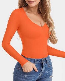 Foto 2 | Foto 2 | Camisa De Manga Larga Clozoz Para Mujer Camiseta Básica Ajustada Con Cuello En V - Venta Internacional.