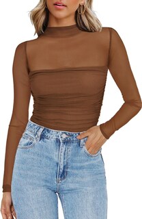 Foto 1 | Foto 1 | Top Zeagoo De Malla Transparente De Manga Larga Con Cuello De Tortuga Simulado Marrón - Venta Internacional.