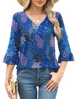 Foto 1 | Foto 1 | Camiseta Tipo Túnica Rapbin Cotton Para Mujer Manga 3/4 Azul Con Estampado Floral - Venta Internacional.