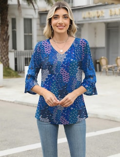 Foto 2 | Foto 2 | Camiseta Tipo Túnica Rapbin Cotton Para Mujer Manga 3/4 Azul Con Estampado Floral - Venta Internacional.