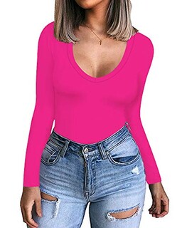 Foto 1 | Foto 1 | Camisa De Manga Larga Clozoz Para Mujer Camiseta Básica Ajustada Con Cuello En V - Venta Internacional.