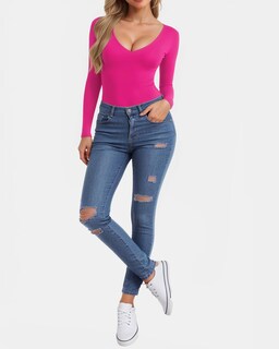 Foto 4 | Foto 4 | Camisa De Manga Larga Clozoz Para Mujer Camiseta Básica Ajustada Con Cuello En V - Venta Internacional.