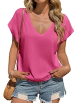 Camiseta Tankaneo Para Mujer  Cuello En V Profundo  Holgada  Corte Holgado  Rojo Rosa - Venta Internacional.