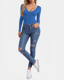 Foto 4 | Foto 4 | Camisa De Manga Larga Clozoz Para Mujer Camiseta Básica Ajustada Con Cuello En V - Venta Internacional.