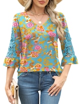 Blusa Rapbin De Manga 3/4 Para Mujer Con Cuello En V Y Estampado Floral Naranja - Venta Internacional.