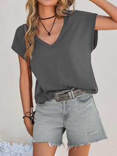 Foto 4 | Foto 4 | Camiseta Tankaneo Para Mujer Cuello En V Profundo Corte Holgado Gris Oscuro - Venta Internacional.