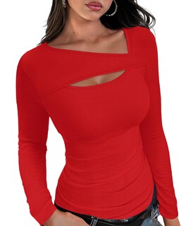 Foto 1 | Foto 1 | Camiseta Xieerduo Para Mujer Manga Larga Cuello Cuadrado Roja 2xl - Venta Internacional.