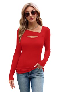 Foto 2 | Foto 2 | Camiseta Xieerduo Para Mujer Manga Larga Cuello Cuadrado Roja 2xl - Venta Internacional.