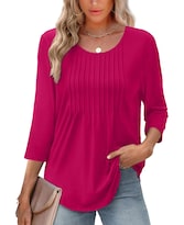Blusa Xieerduo Para Mujer Manga 3/4 Plisada Cuello Redondo Color Rosa Intenso - Venta Internacional.