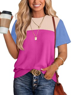 Foto 1 | Foto 1 | Camisa Wiholl De Manga Corta Acanalada Con Bloques De Colores Para Mujer Rosa Y Azul - Venta Internacional.