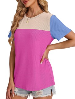 Foto 4 | Foto 4 | Camisa Wiholl De Manga Corta Acanalada Con Bloques De Colores Para Mujer Rosa Y Azul - Venta Internacional.
