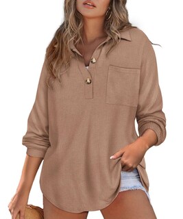 Foto 1 | Foto 1 | Top Ritera Henley De Punto Gofrado Con Cuello En V Talla Grande Marrón Xl - Venta Internacional.