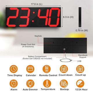 Foto 2 | Foto 2 | Reloj De Pared Digital Chkosda Led Grande Con Mando A Distancia Rojo - Venta Internacional.