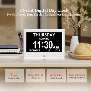 Foto 2 | Foto 2 | Reloj Digital Flyruit Dementia De 7 Pulgadas Con Fecha Hora Y Día Blanco - Venta Internacional.