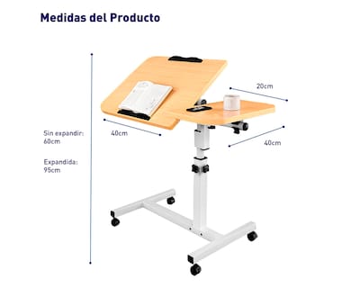 Foto 3 | Foto 3 | Mesa Para Laptop 60×40 Cm Con Altura Ajustable 60–95 Cm Escritorio Con Ruedas Con Bloqueo Ideal Para Cama Bluelander