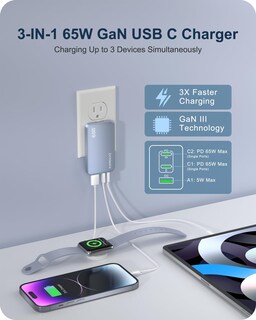 Foto 2 | Foto 2 | Cargador De Pared Usb Plano Kwrnvo Gan De 65 W 3 Puertos Azul - Venta Internacional.