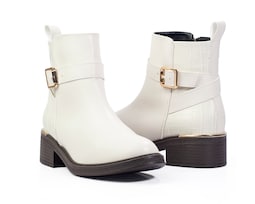 Botín De Dama A Ángelozano De Piel Sintética  Con Aplicación De Grabado Cocodrilo  Color Hueso