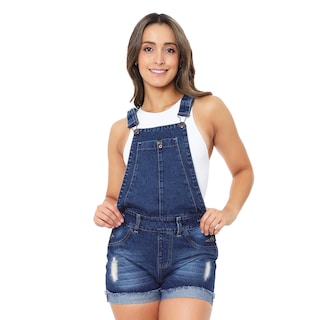Foto 1 | Foto 1 | Jumper Peto Short Tipo Mom Jeans Tiro Alto De Mezclilla Rigida Con Dobladillo Y Detalles De Rasgado Para Mujer Azul Oscuro