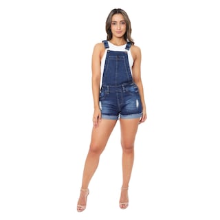 Foto 5 | Foto 5 | Jumper Peto Short Tipo Mom Jeans Tiro Alto De Mezclilla Rigida Con Dobladillo Y Detalles De Rasgado Para Mujer Azul Oscuro