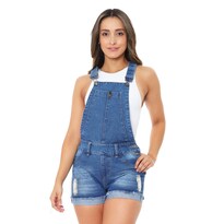 Jumper Peto Short Estilo Mom Jeans Tiro Alto De Mezclilla Rigida Con Dobladillo Y Detalles Rasgados Para Mujer Azul Claro