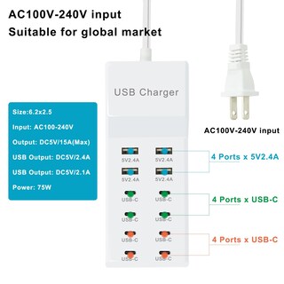 Foto 3 | Foto 3 | Cargador Usb Frisatpow Estación De Carga Usb-a De 12 Puertos 2 4 A Y Usb-c - Venta Internacional.