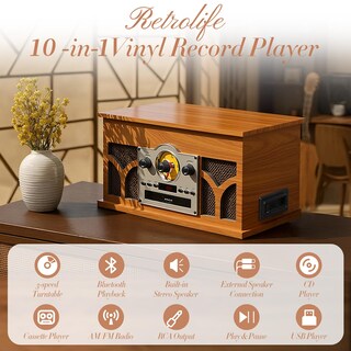 Foto 2 | Foto 2 | Tocadiscos Retrolife 10 En 1 Con Reproductor Inalámbrico De Cd Y Cassette - Venta Internacional.