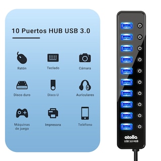 Foto 2 | Foto 2 | Hub Usb 3.0 Atolla De 10 Puertos Con Conmutadores Individuales Y Adaptador - Venta Internacional.