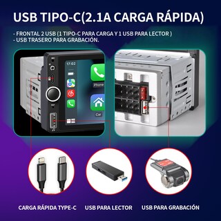 Foto 5 | Foto 5 | Finyqbet 1 Din Auto Estéreo Radio De Coche Compatible Con Apple Carplay Android Auto Usb Tipo C Visualización Táctil De 6.9 Pul