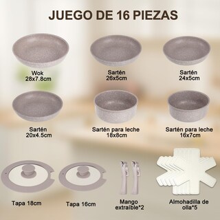 Foto 4 | Foto 4 | Lokooy Juego De 16 Ollas Y Sartenes Con Mango Desmontables Alta Antiadherente Bateria De Cocina Con Tapas Y Cojín Sartén Para