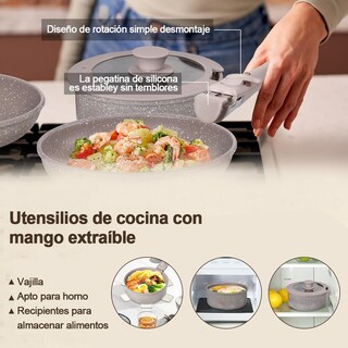 Foto 5 | Foto 5 | Lokooy Juego De 16 Ollas Y Sartenes Con Mango Desmontables Alta Antiadherente Bateria De Cocina Con Tapas Y Cojín Sartén Para