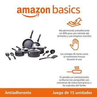 Foto 2 | Foto 2 | Amazon Basics - Juego De Utensilios De Cocina Antiadherentes De 15 Piezas Ollas Sartenes Y Utensilios Color Negro