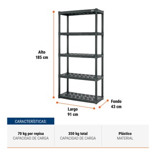 Foto 2 | Foto 2 | Estante Plástico 5 Repisas Carga 70 Kg Medidas 185x43x91 Cm Eo Safe Imports Esi-21999 Negro