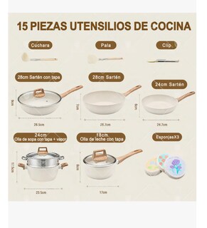 Foto 3 | Foto 3 | Batería De Cocina Juego De 15 Piezas Sartenes Sartén Wok Antiadherentes Ollas Color Blanco