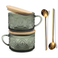 Tazas De Café Jvjrfq  Color Verde Vintage  414 Ml  Con Tapas Y Cucharas - Venta Internacional.